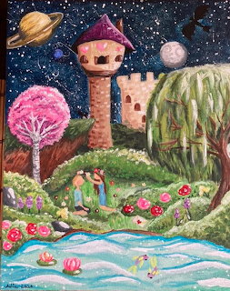 Whimsical fantasy scene with purple castle, pink tree, stream, and planets in starry sky