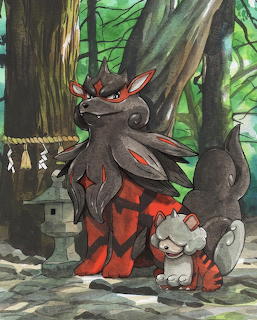 Hisuian Arcanine and Growlithe standing in a forest with stone lanterns and trees