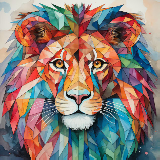 Colorful geometric lion face made of multicolored angular facets in low-poly art style