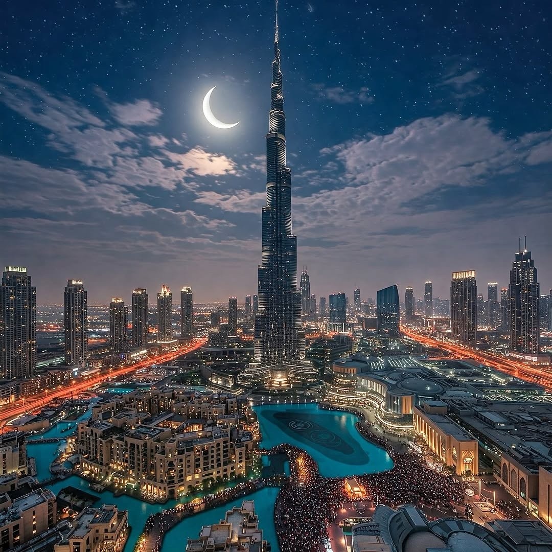 Night view of Dubai with the Burj Khalifa rising above lit skyscrapers and roads under a crescent moon