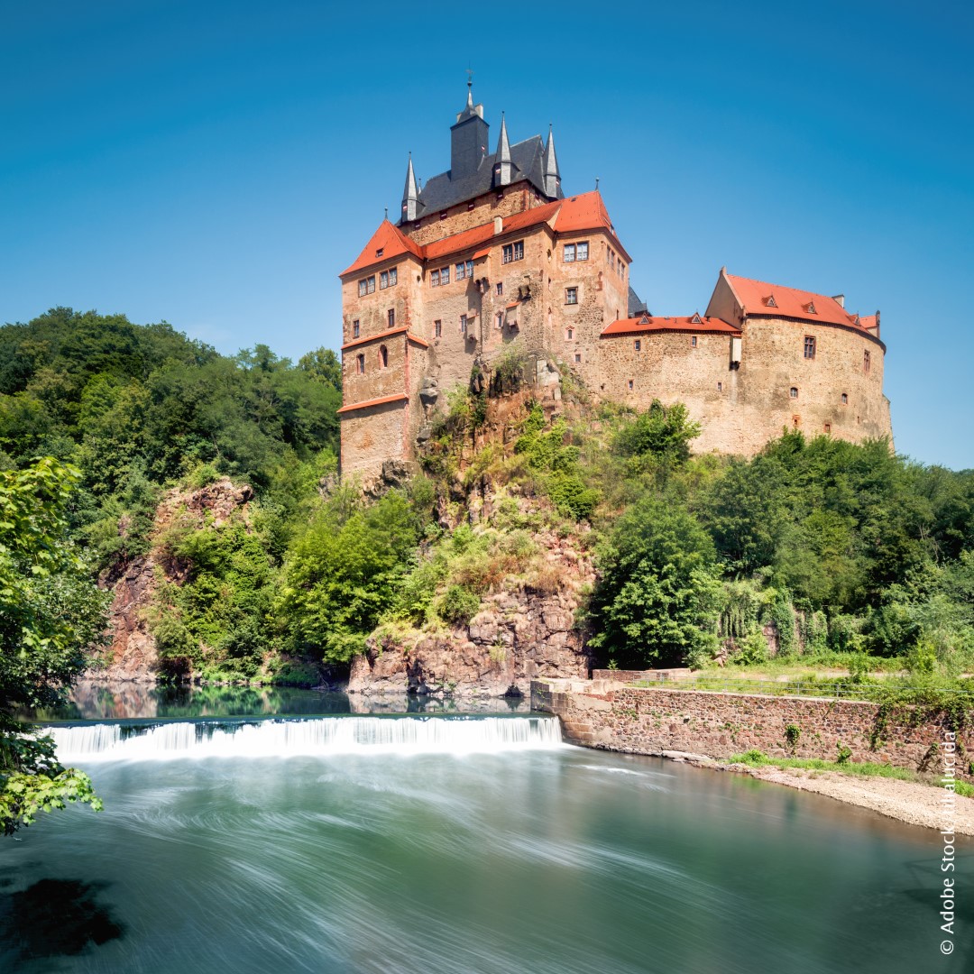 Medieval castle with red roofs on wooded hill above flowing river under blue sky