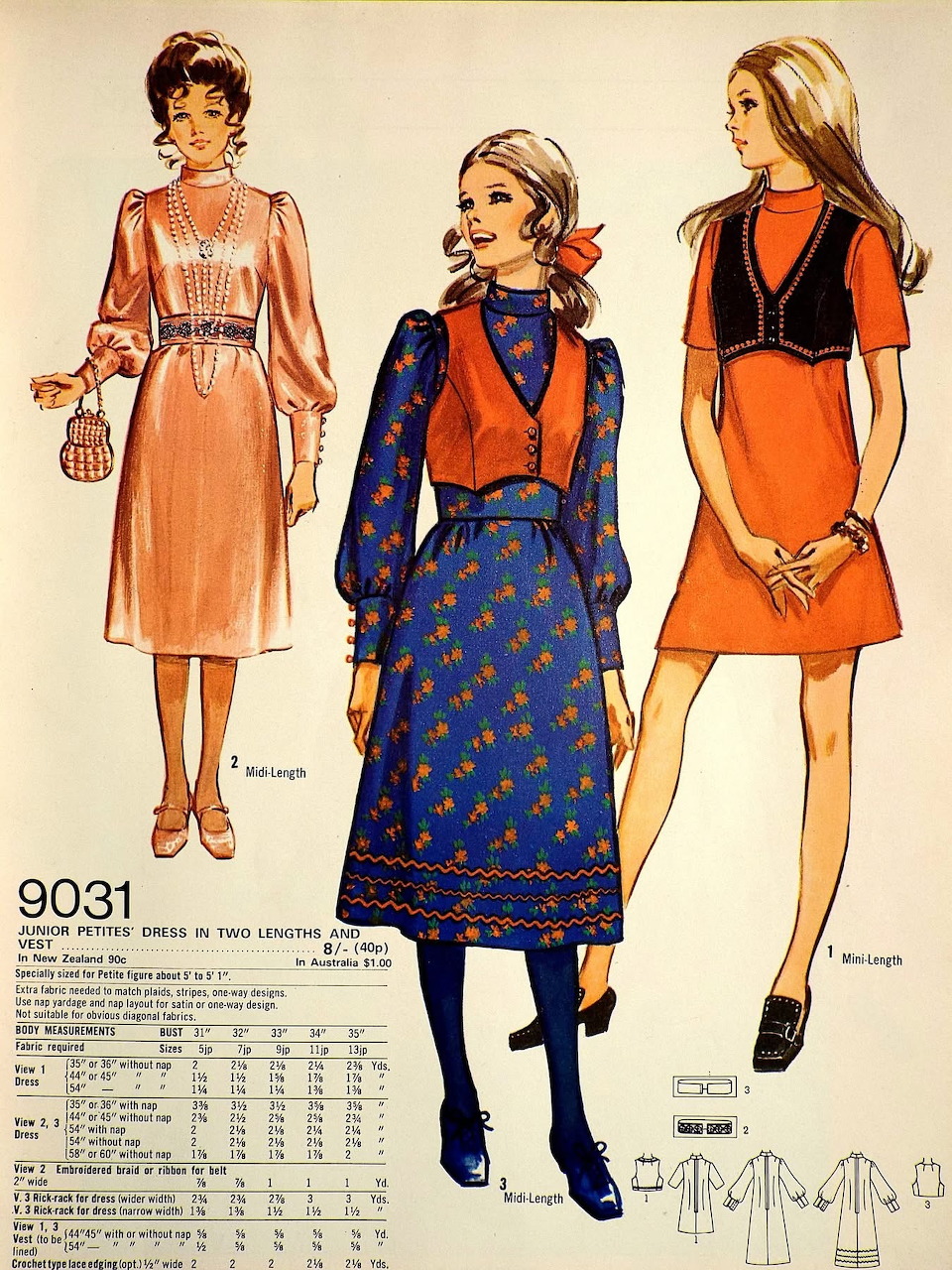 Vintage sewing pattern 9031 showing three 1970s women's dress styles in orange and blue