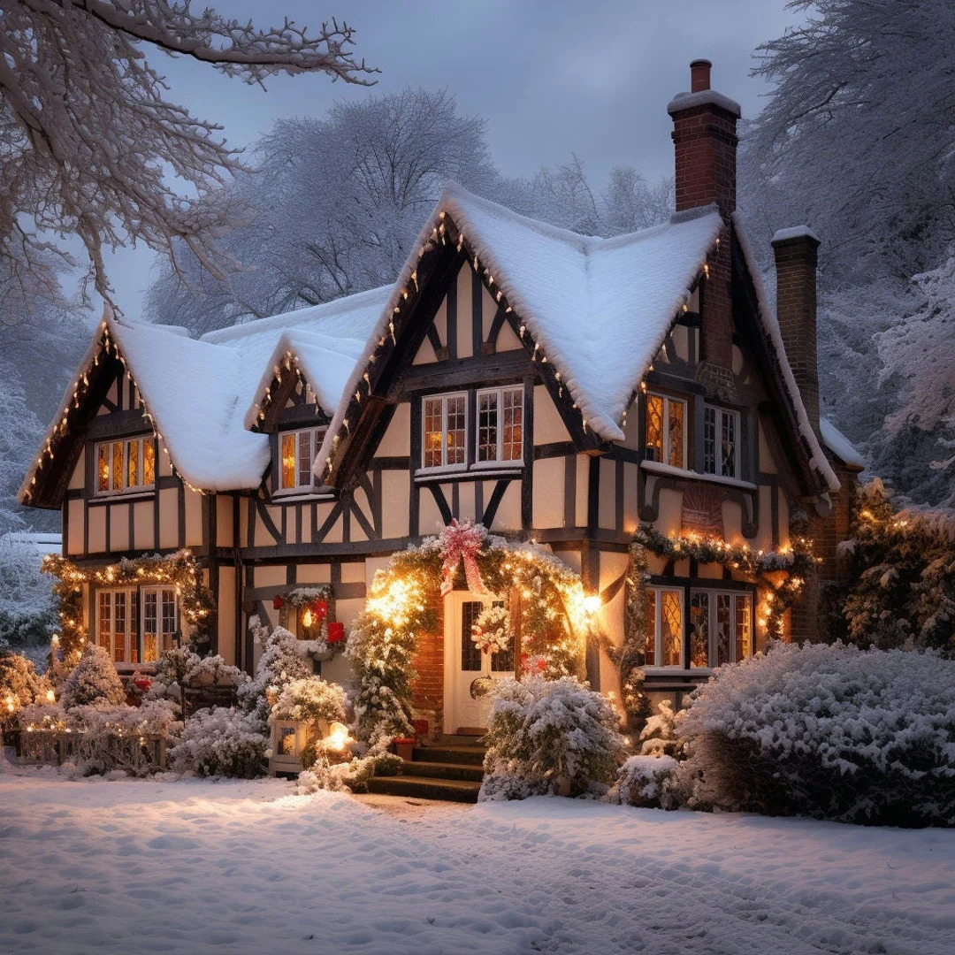 Snow-covered Tudor cottage with Christmas lights and decorations glowing warmly at dusk in a winter forest setting