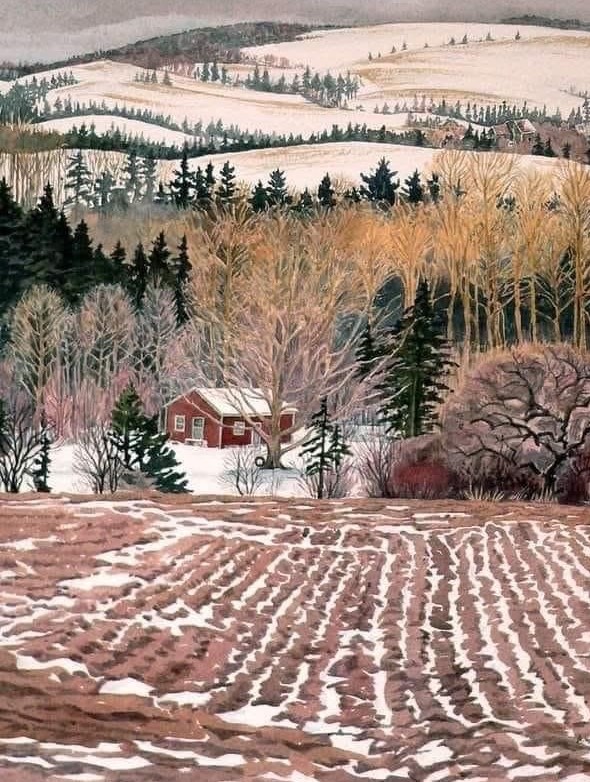 Winter painting of plowed fields, red farmhouse among trees, and snow-covered rolling hills