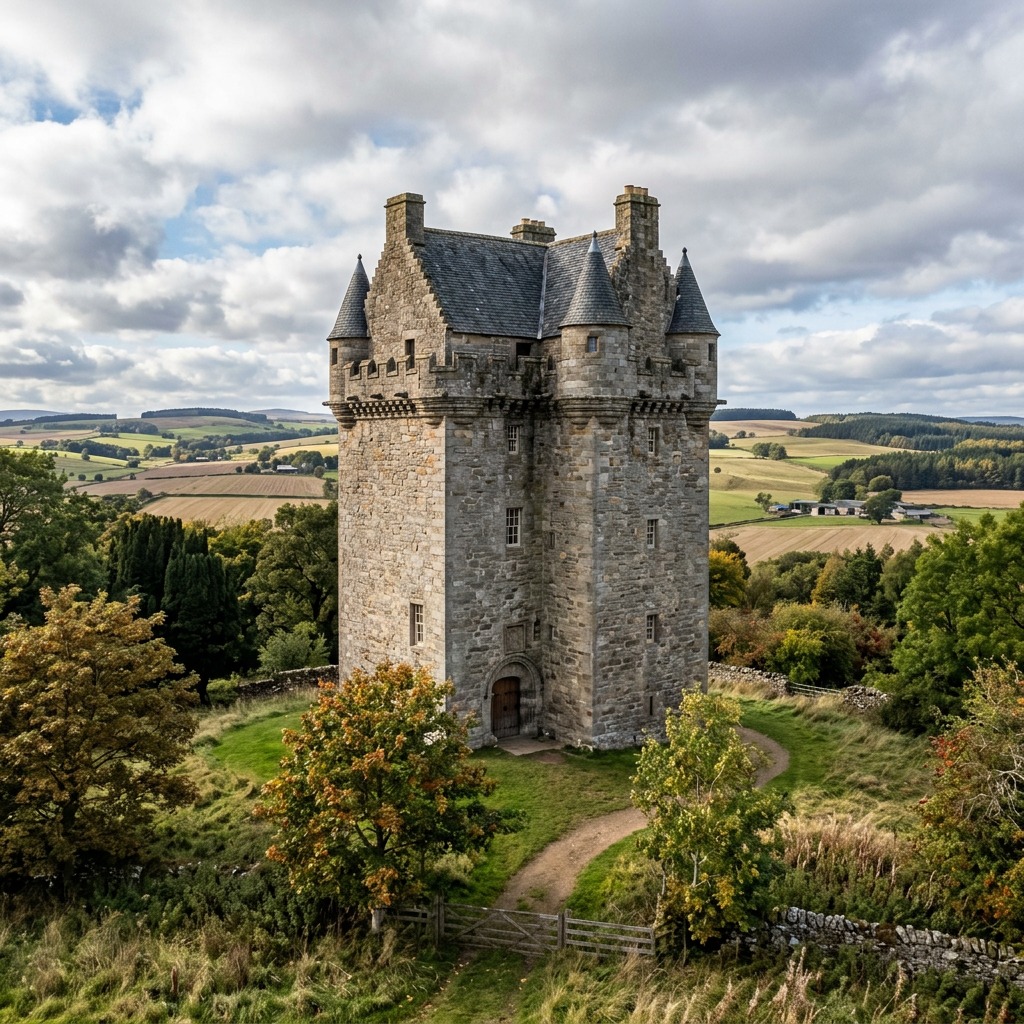 Medieval Scottish tower house on hilltop with countryside vista and cloudy sky