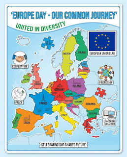 Illustrated Europe Day poster with colorful map of European countries, EU flag, and unity symbols