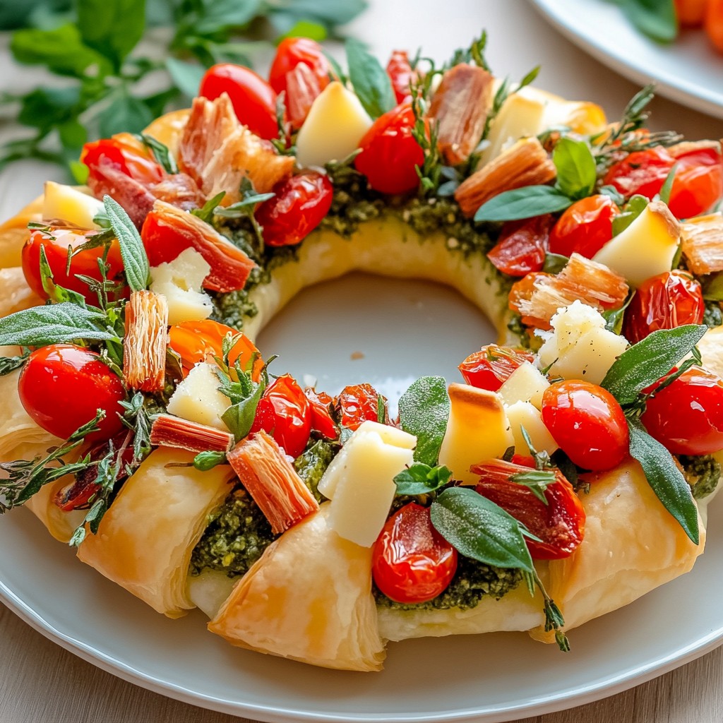 Savory puff pastry wreath with cherry tomatoes, cheese, herbs, and pesto on a white plate