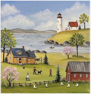 Folk art painting of coastal village with lighthouse, barn, cottage, sheep, and sailboats on water