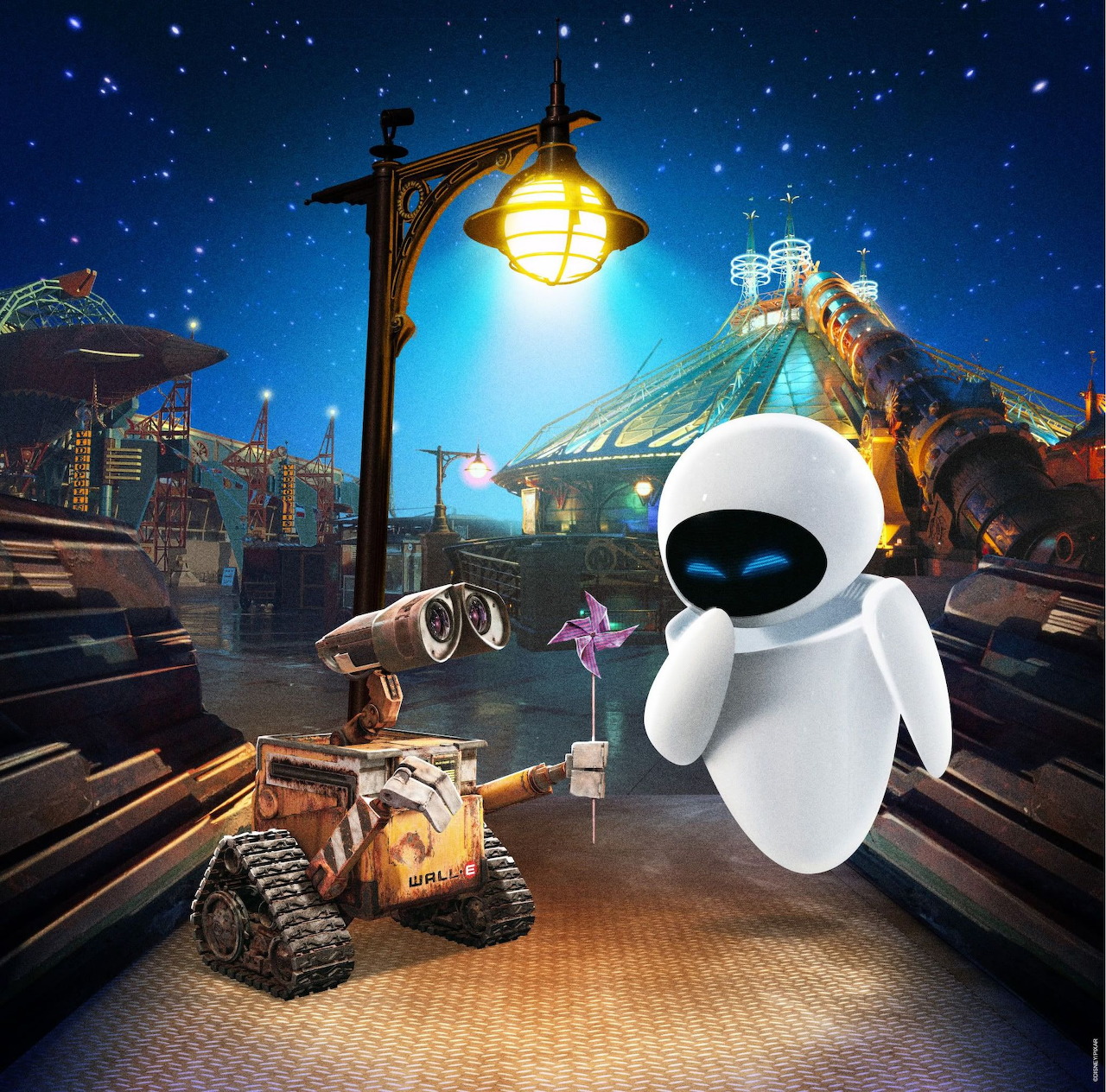 WALL-E and EVE robots under street lamp at night with stars and futuristic buildings
