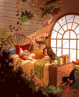 Illustration of girl reading in sunlit bedroom with cat, plants, and warm golden lighting through arched window