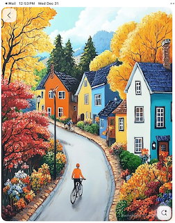 Autumn Village Cyclist Scene