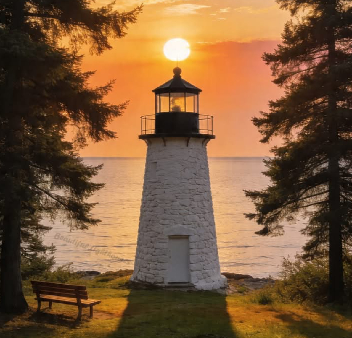 White lighthouse at sunset by calm water, framed by trees with a bench in the foreground