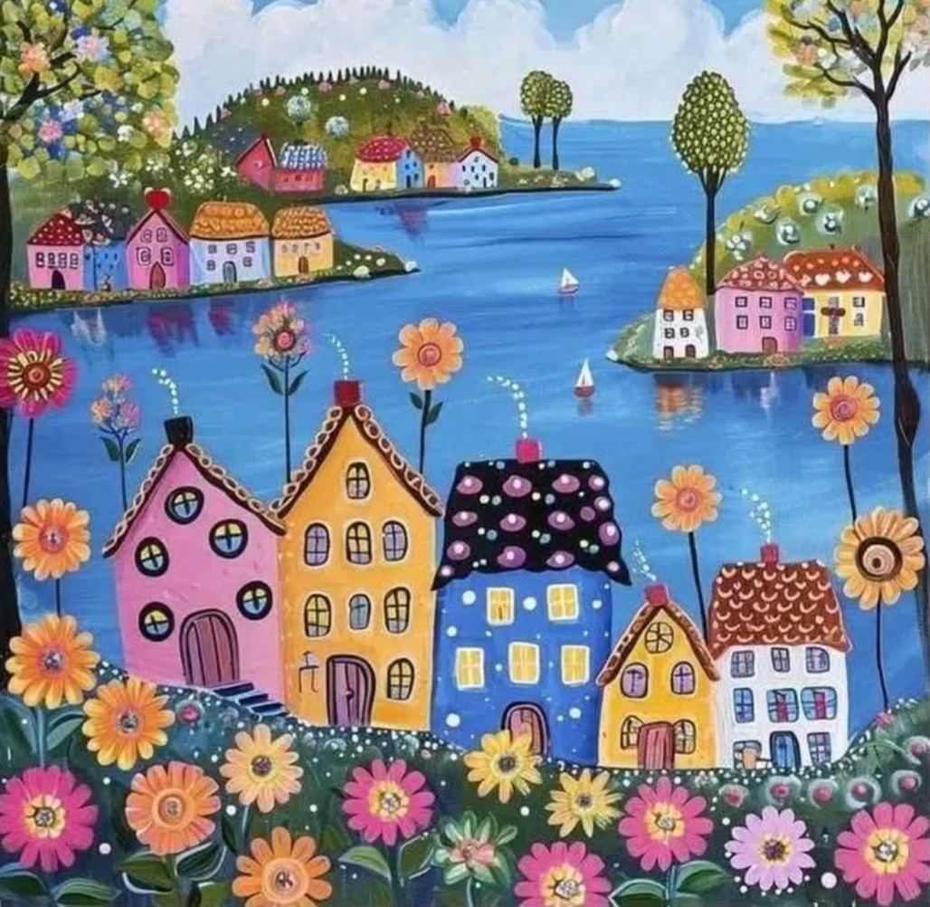 Folk art painting of colorful houses by water with flowers and sailboats