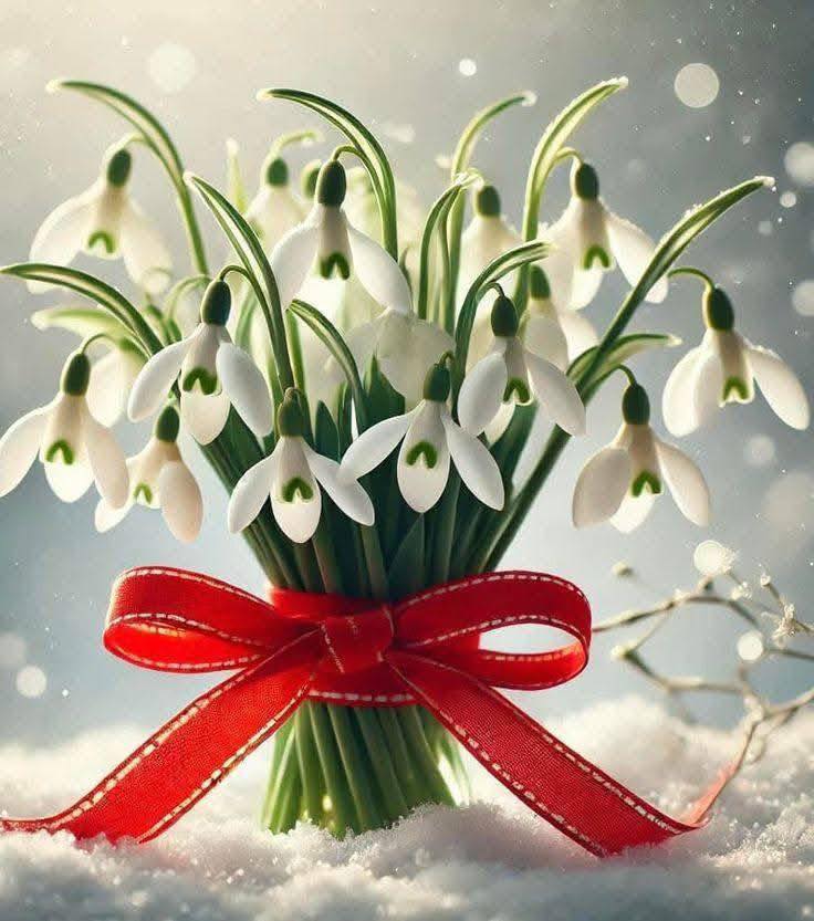 Bundle of white snowdrop flowers tied with red ribbon against snowy backdrop with soft bokeh lights