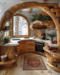 Rustic kitchen with natural wood beam architecture, curved cabinets, arched window, and winter scene outside