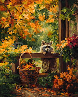 Painting of a raccoon behind a wooden bench with basket amid colorful autumn leaves and flowers