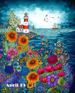 Colorful lighthouse painting with bright flowers, ocean waves, a sailboat, and birds in the sky