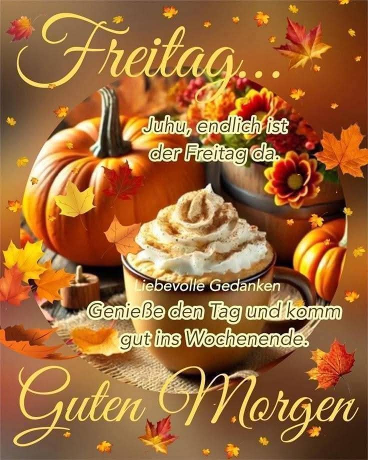 Autumn greeting image with pumpkins, coffee, leaves, and German Friday good morning text