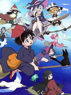 Anime-style illustration of young witches in varied outfits flying on broomsticks through a blue sky
