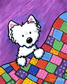 White cartoon terrier dog on multicolored patchwork quilt against purple background