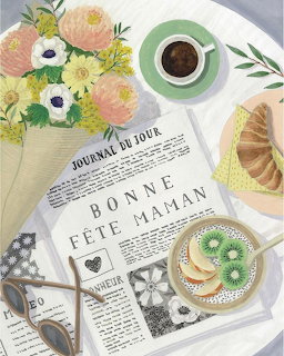 Flatlay of breakfast items: coffee cup, croissant, bouquet, open journal, and green decorative plate on white table