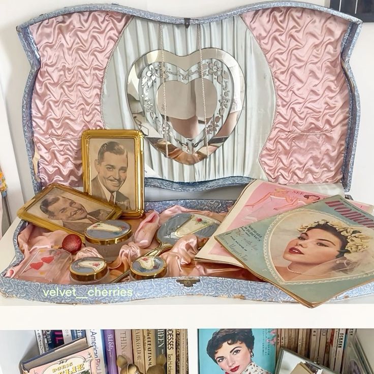 Open vintage beauty case with pink lining, makeup items, framed portrait, and retro magazines