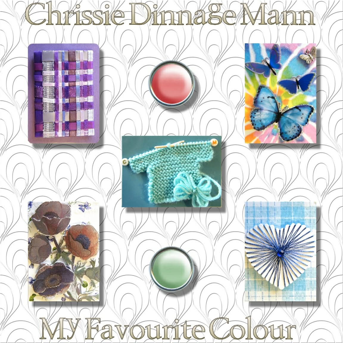 Collage of colorful squares with butterflies, flowers, knitting, and paper crafts on a swirl background
