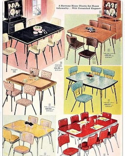 Vintage catalog page showing multiple mid-century modern dinette table and chair sets in various colors