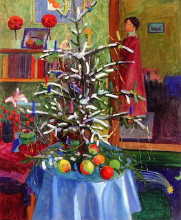 Expressionist painting of Christmas tree with ornaments, candles, and fruit on blue tablecloth in colorful interior room