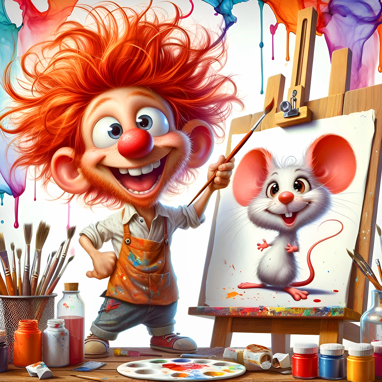 Cartoon artist with red hair painting a smiling white mouse on a canvas surrounded by art supplies