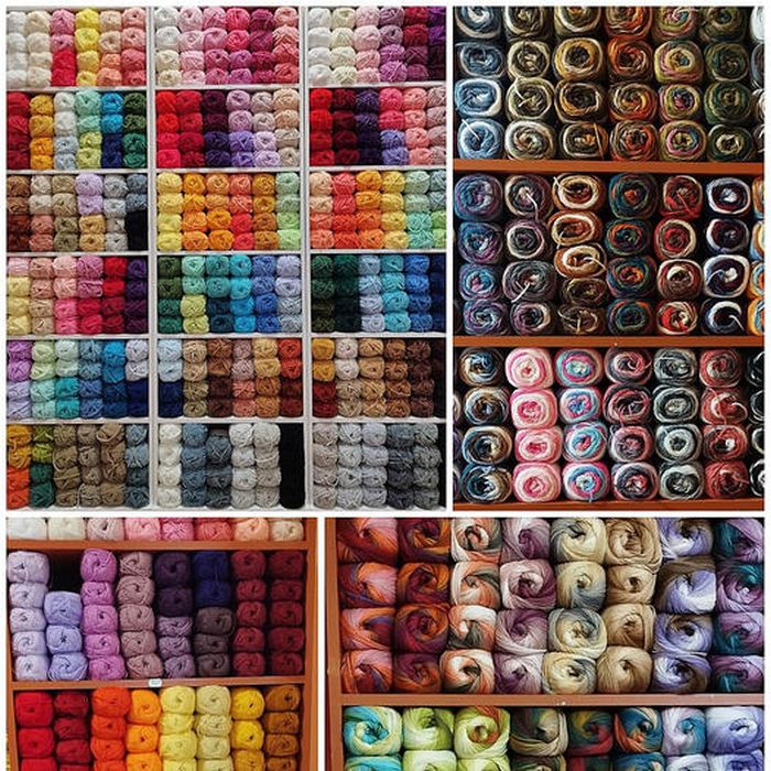 Collage of yarn storage shelves displaying hundreds of colorful yarn balls organized by color in cubbies and boxes