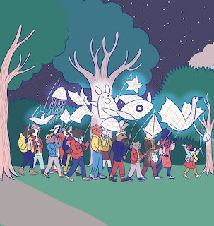 Illustrated night scene with people, animals, and decorative trees under stars