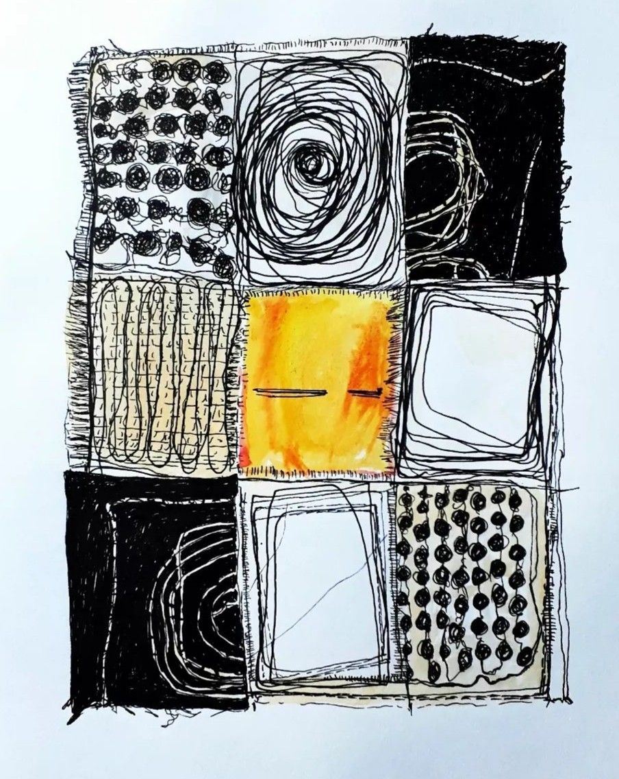 Abstract grid art with black and white patterns and yellow square