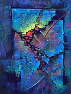 Abstract art with blue and turquoise geometric shapes, purple accents, and textured pastel brushstrokes