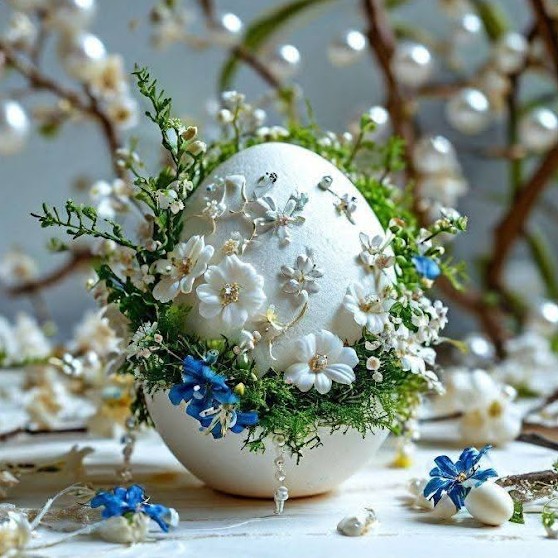 White Easter egg decorated with flowers and foliage on festive table