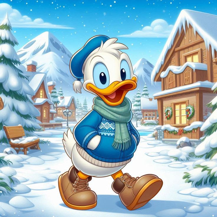 Cartoon duck in blue sweater and hat standing in snowy mountain village with wooden houses and Christmas trees