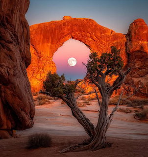 Full moon framed by a red rock arch in the desert with a twisted tree in front
