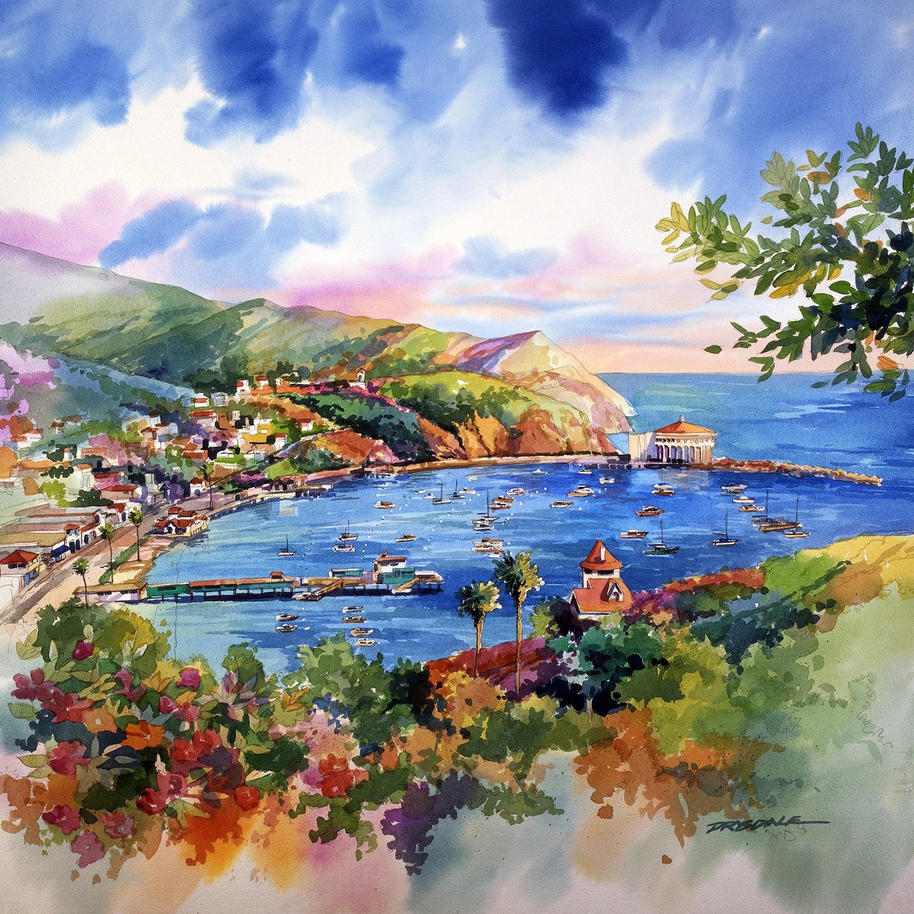 Watercolor painting of Avalon harbor with boats, hillside village, and vibrant sky over Catalina Island coastline