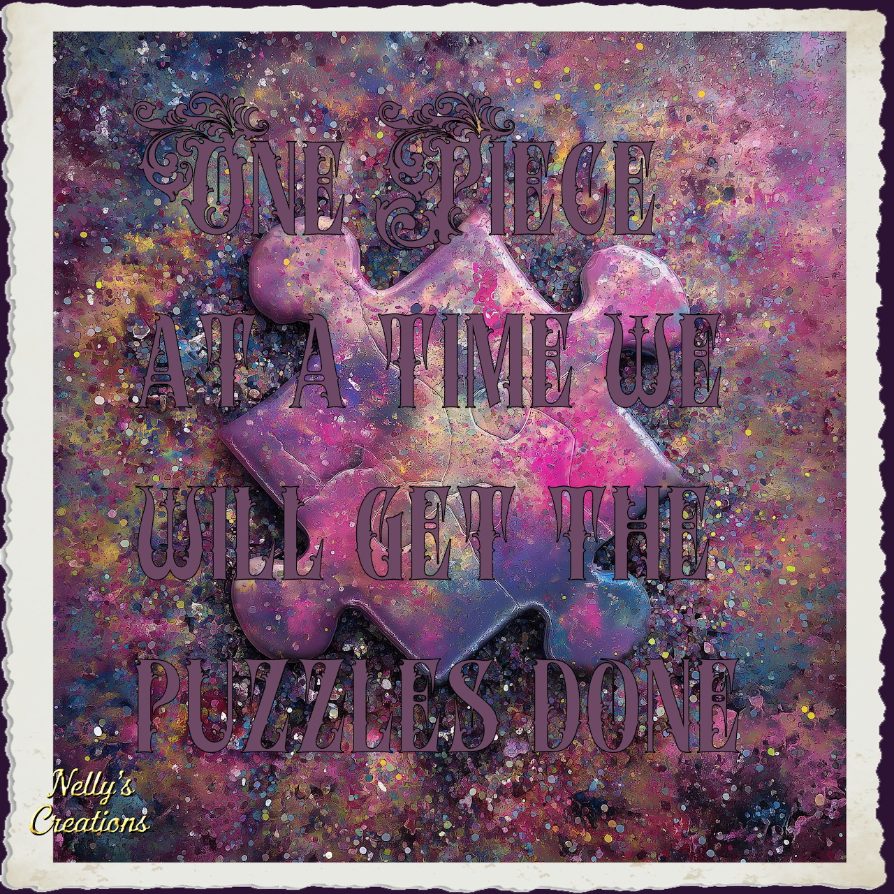 Abstract image of a purple puzzle piece on a colorful splattered background with decorative text