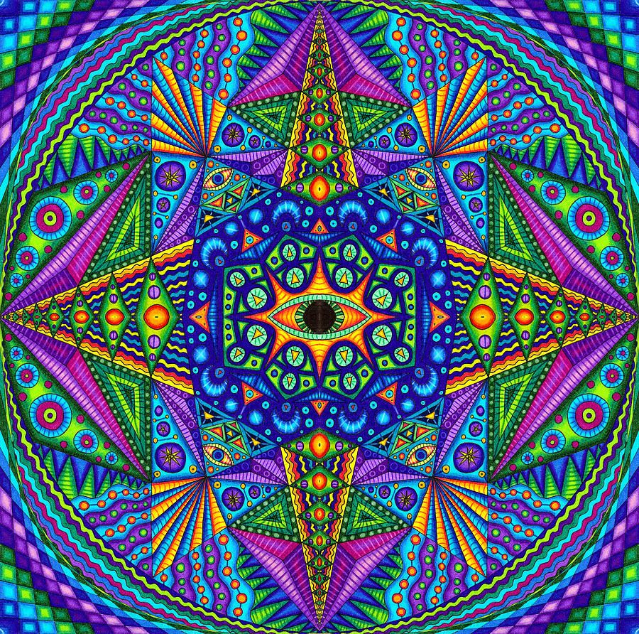 Colorful symmetrical mandala with intricate geometric patterns and peacock feather motifs in rainbow hues
