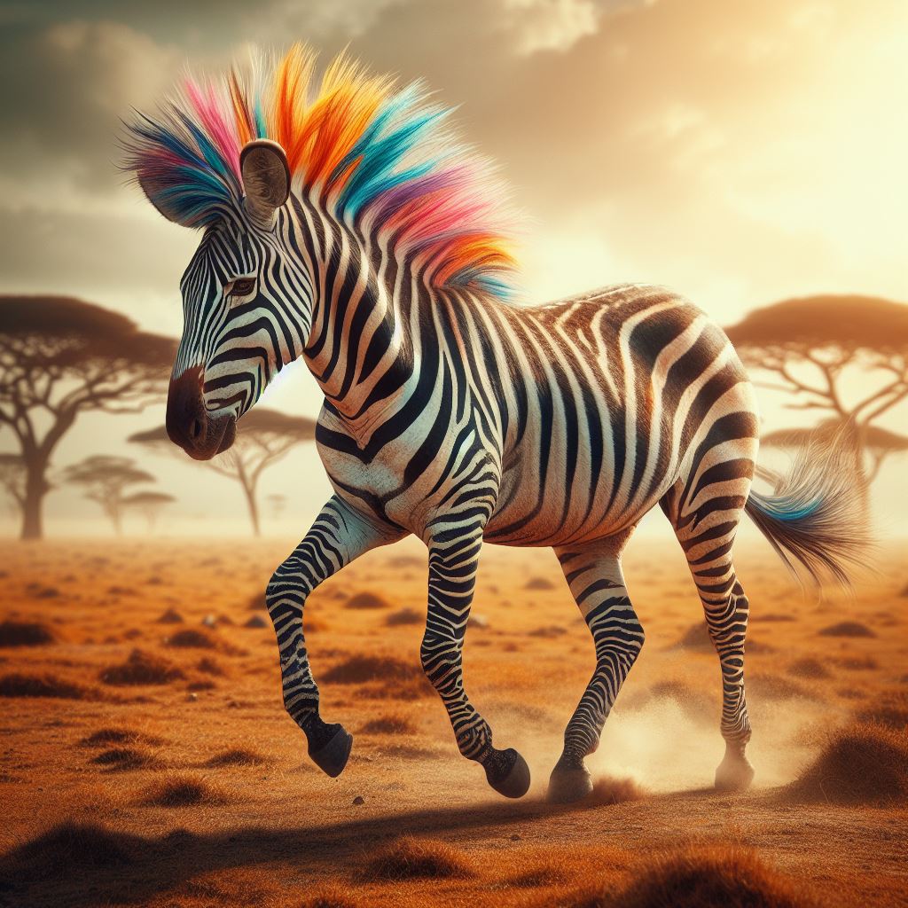 Zebra with colorful rainbow mane running in African savanna with acacia trees