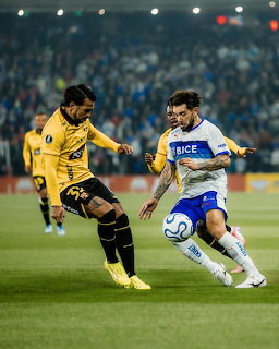 Two soccer players battling for the ball on a grass field during a stadium match