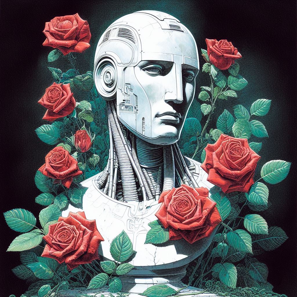 White humanoid robot bust surrounded by red roses and green leaves on a dark background
