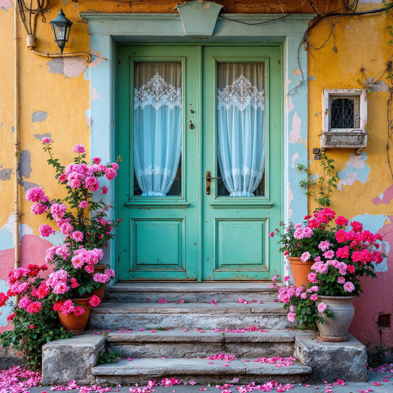 Turquoise door with lace curtains surrounded by pink flowers on weathered yellow house with stone steps