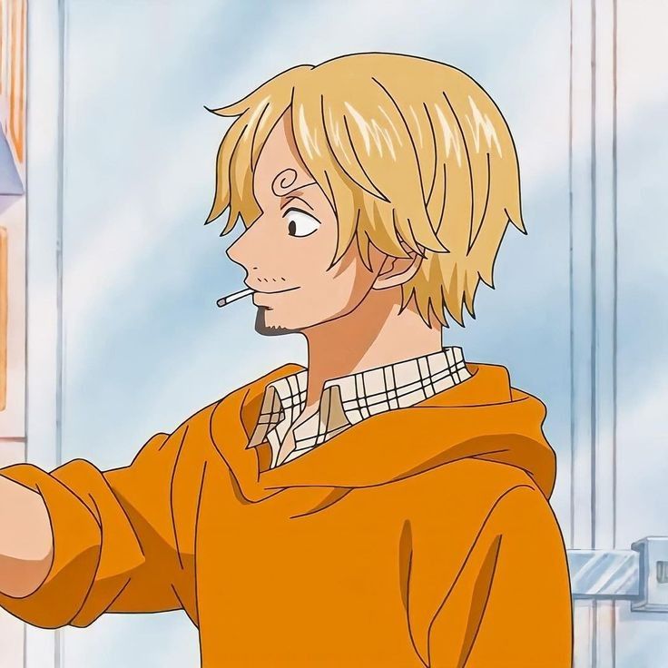 Blonde anime character in orange jacket smoking, profile view by window