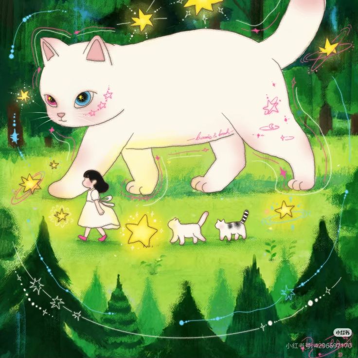Giant white cat with girl and small cats in magical green forest with golden stars