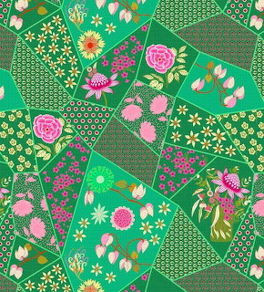 Colorful patchwork quilt pattern with flowers including roses, tulips, and daisies on green fabric squares