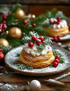Christmas pastries with cream, cranberries, and pine branches on rustic plates