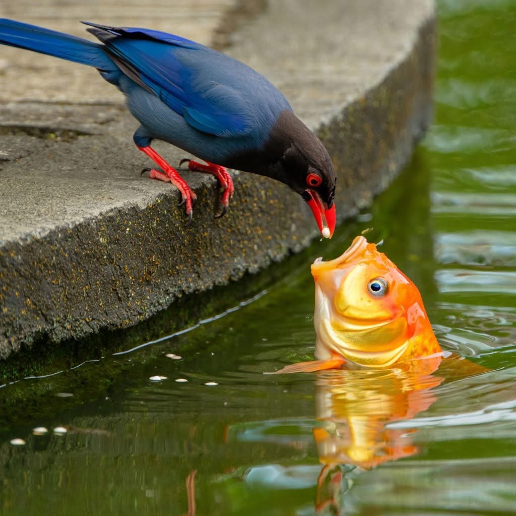 Blue waterbird on a stone edge pecking at a large orange fish in green pond water