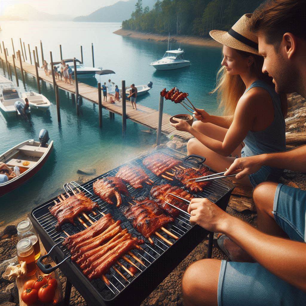 Couple barbecuing meat by a lake with dock and boats in background